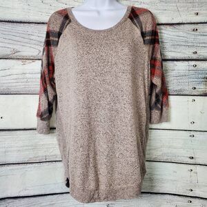 Maurices Beige Knit Sweater with Red Plaid Raglan Sleeves Cozy Pullover Size Sma